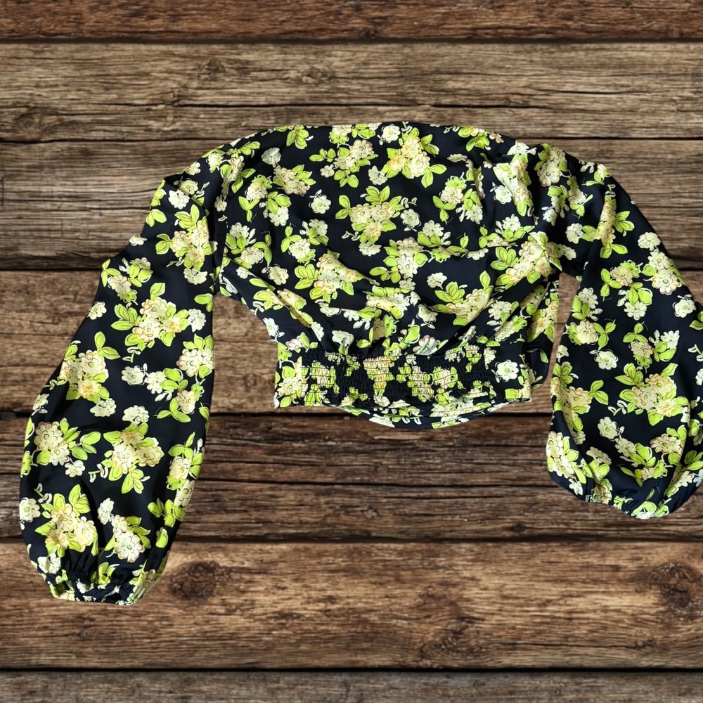 MNG Mango Floral Crop Top Black Lime Green Balloon Sleeve Cottagecore Fairy Boho - Picture 6 of 15